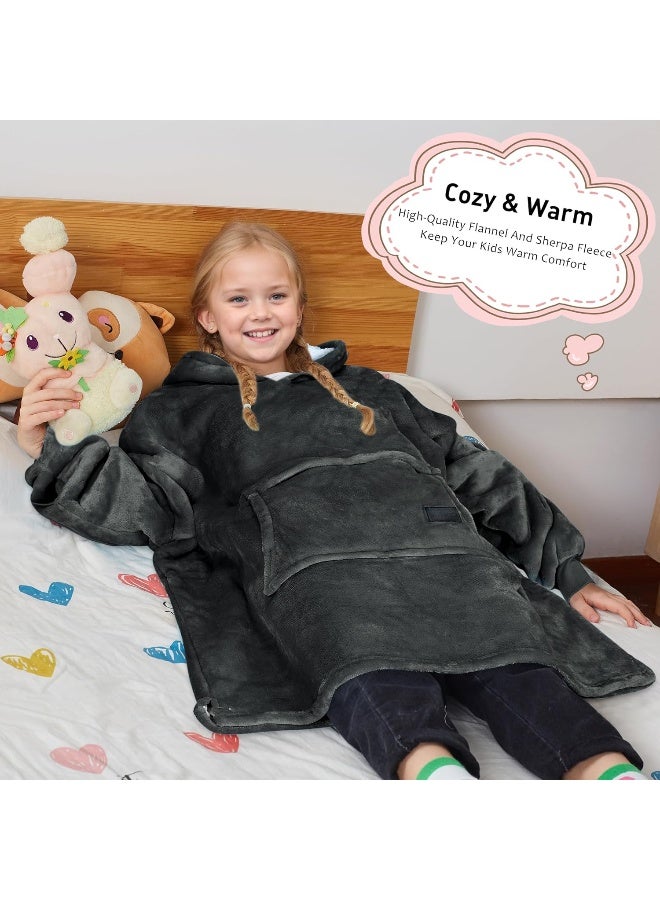Solaris Wearable Blanket Hoodie for Kids - Warm Soft Gift, Oversized Cozy Sherpa Fleece Sweatshirt Pullover for Teens, Girls, Boys, Large Pocket, Gray - Image 2